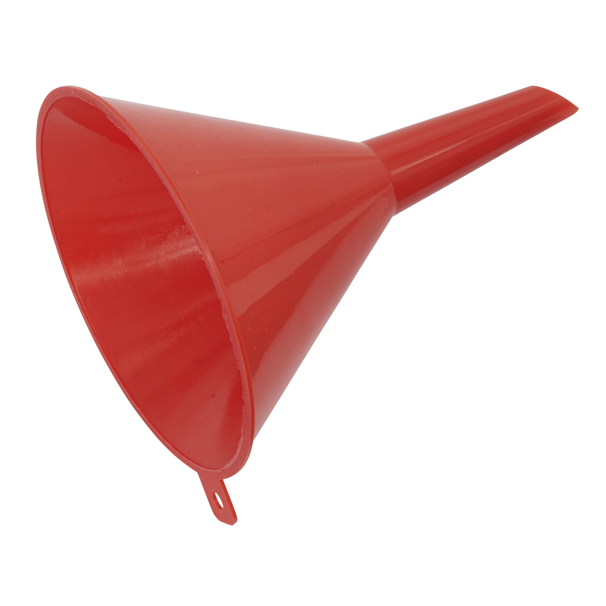 The Sealey Funnel Small Economy Ø115mm Fixed Spout - F1E, crafted from red polyethylene and featuring a wide top and narrow spout, is displayed against a white background. Perfect for oil changes or adding antifreeze, it also includes a small tab on the side.