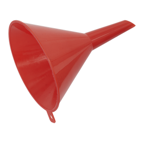 The Sealey Funnel Small Economy Ø115mm Fixed Spout - F1E, crafted from red polyethylene and featuring a wide top and narrow spout, is displayed against a white background. Perfect for oil changes or adding antifreeze, it also includes a small tab on the side.