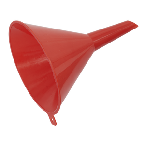 The Sealey Funnel Small Economy Ø115mm Fixed Spout - F1E, crafted from red polyethylene and featuring a wide top and narrow spout, is displayed against a white background. Perfect for oil changes or adding antifreeze, it also includes a small tab on the side.