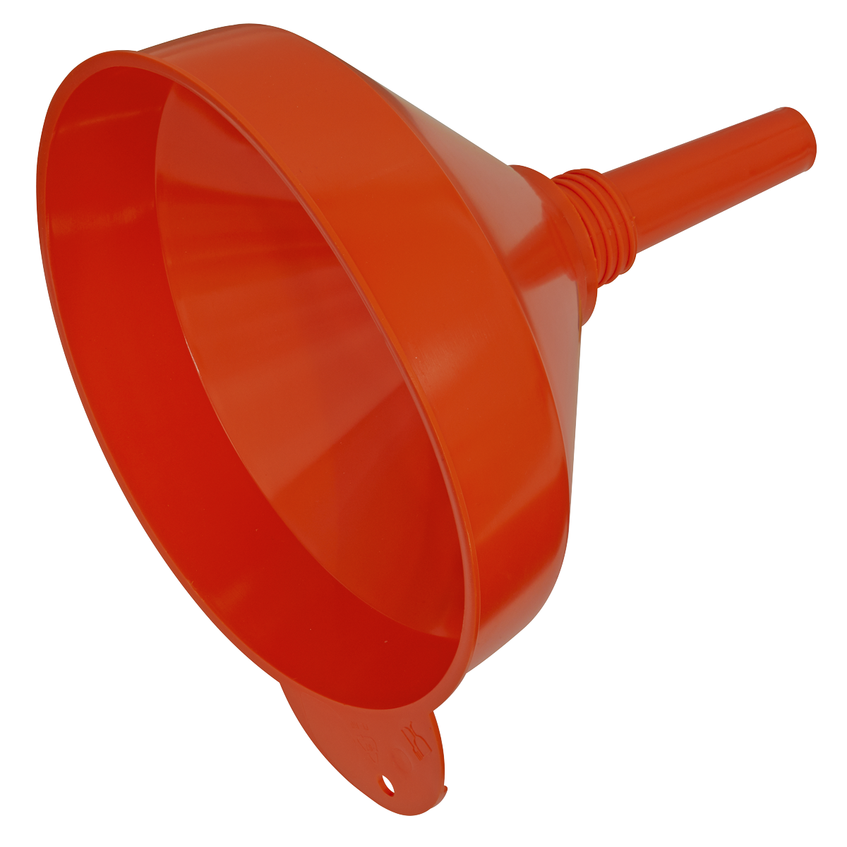 The Sealey Funnel Medium Ø200mm Fixed Spout with Filter - F2 is a bright orange polyethylene funnel featuring a wide mouth and rigid spout, ideal for transferring liquids into containers with small openings.