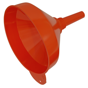 The Sealey Funnel Medium Ø200mm Fixed Spout with Filter - F2 is a bright orange polyethylene funnel featuring a wide mouth and rigid spout, ideal for transferring liquids into containers with small openings.