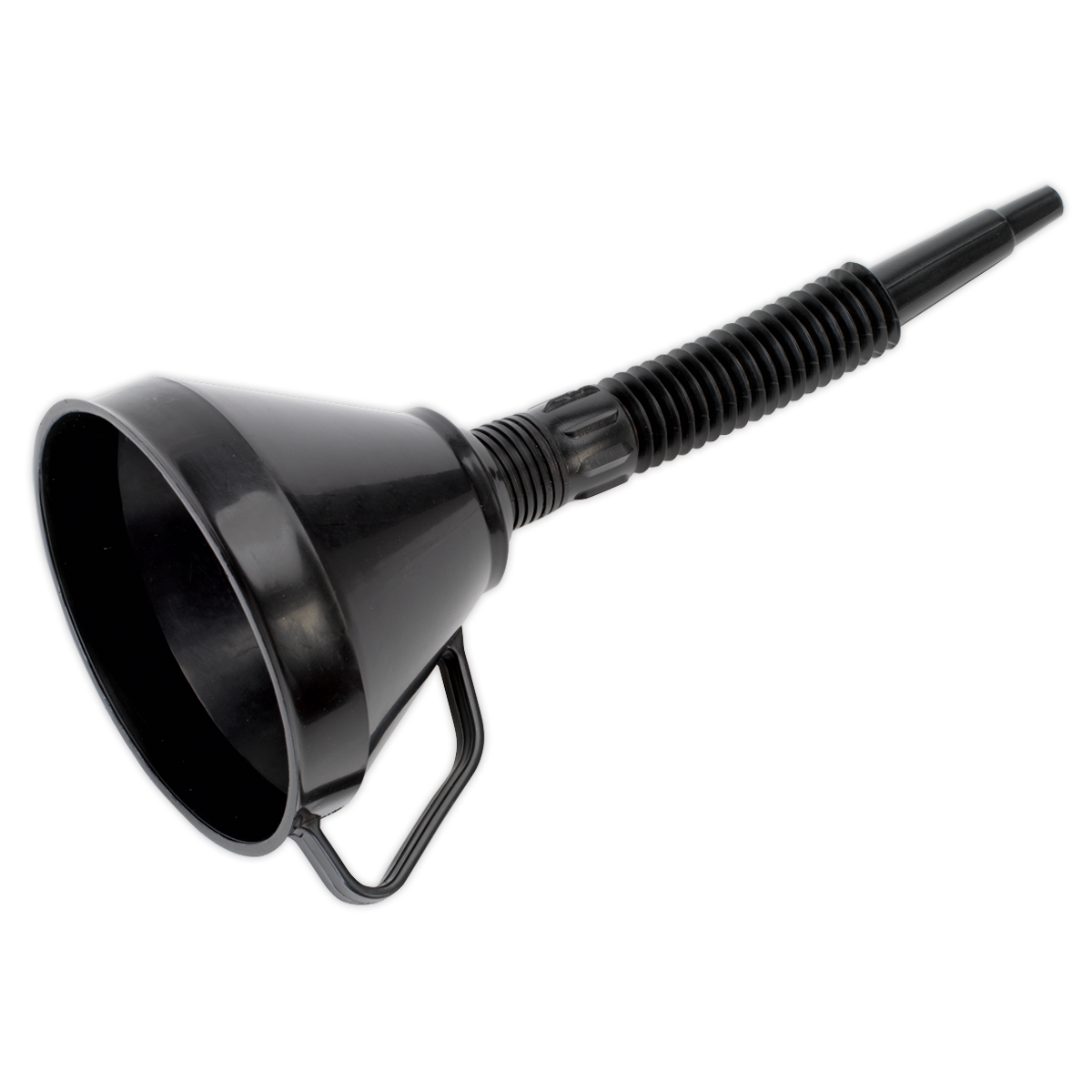 The Sealey Funnel with Flexible Spout & Filter Ø160mm - F6 is a black polyethylene funnel featuring an attached handle and a long, detachable flexible spout for effortless pouring, as well as an internal mesh filter.