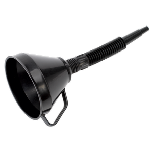 The Sealey Funnel with Flexible Spout & Filter Ø160mm - F6 is a black polyethylene funnel featuring an attached handle and a long, detachable flexible spout for effortless pouring, as well as an internal mesh filter.