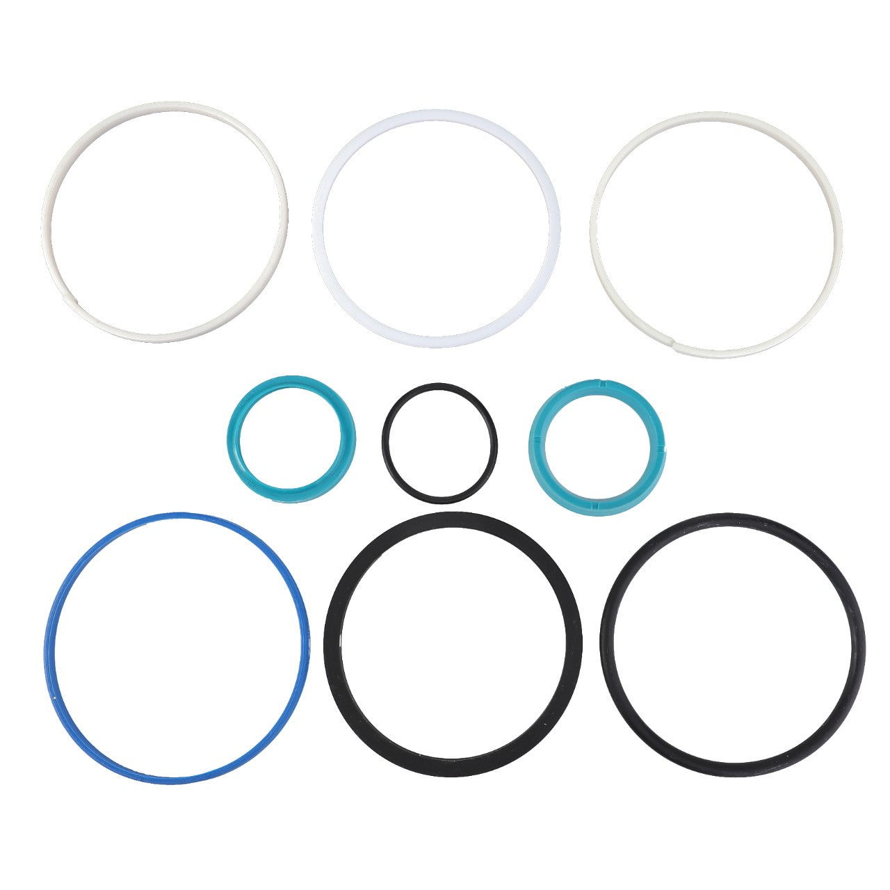 An assortment of variously sized O-rings and genuine seals, arranged in a symmetrical pattern against a plain white background, ideal for hydraulic cylinder maintenance on Fendt Vario models. The product is an AGCO brand Seal Kit for Hydraulic Lift Cylinders - Part Number F835860030010.