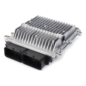 A close-up image of the AGCO Control Unit - F836200010020, specifically designed for Fendt models, featuring a robust metal heat sink and two black connector ports.