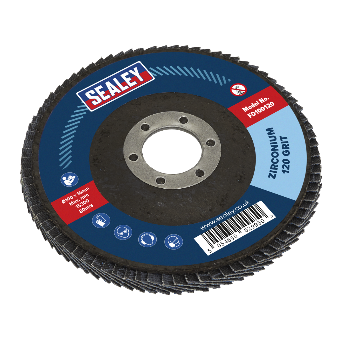 The Sealey Flap Disc Zirconium Ø100mm Ø16mm Bore 120 Grit - FD100120 has a blue and red label detailing its specifications and is perfect for weld preparation or rust removal.