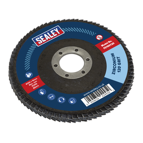 The Sealey Flap Disc Zirconium Ø100mm Ø16mm Bore 120 Grit - FD100120 has a blue and red label detailing its specifications and is perfect for weld preparation or rust removal.