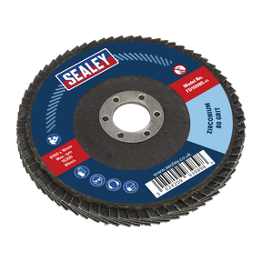 The Sealey Flap Disc Zirconium Ø100mm Ø16mm Bore 80 Grit - FD10080 is perfect for rust removal and weld cleaning. It comes with a blue label that displays the brand name, product specifications, and a barcode.