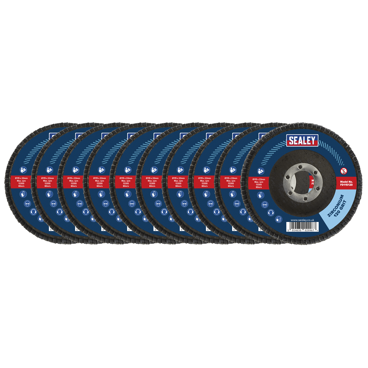 Image of ten Sealey-brand 120Grit Flap Discs Zirconium, each measuring Ø115mm with a Ø22mm bore, arranged in a row. The discs feature blue labeling with red accents and are marked for professional use, making them ideal for weld and surface preparation.