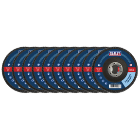 Image of ten Sealey-brand 120Grit Flap Discs Zirconium, each measuring Ø115mm with a Ø22mm bore, arranged in a row. The discs feature blue labeling with red accents and are marked for professional use, making them ideal for weld and surface preparation.