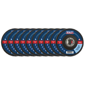 Image of ten Sealey-brand 120Grit Flap Discs Zirconium, each measuring Ø115mm with a Ø22mm bore, arranged in a row. The discs feature blue labeling with red accents and are marked for professional use, making them ideal for weld and surface preparation.