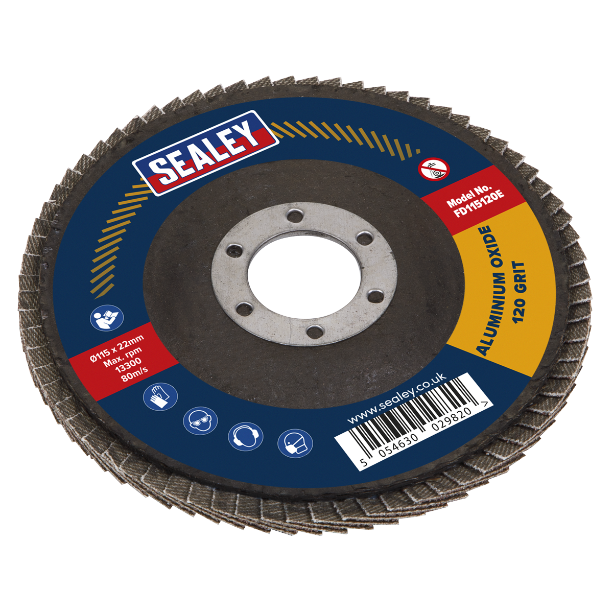 The Sealey Flap Disc Aluminium Oxide Ø115mm Ø22mm Bore 120Grit - FD115120E, ideal for weld preparation and rust removal, is shown against a white background.