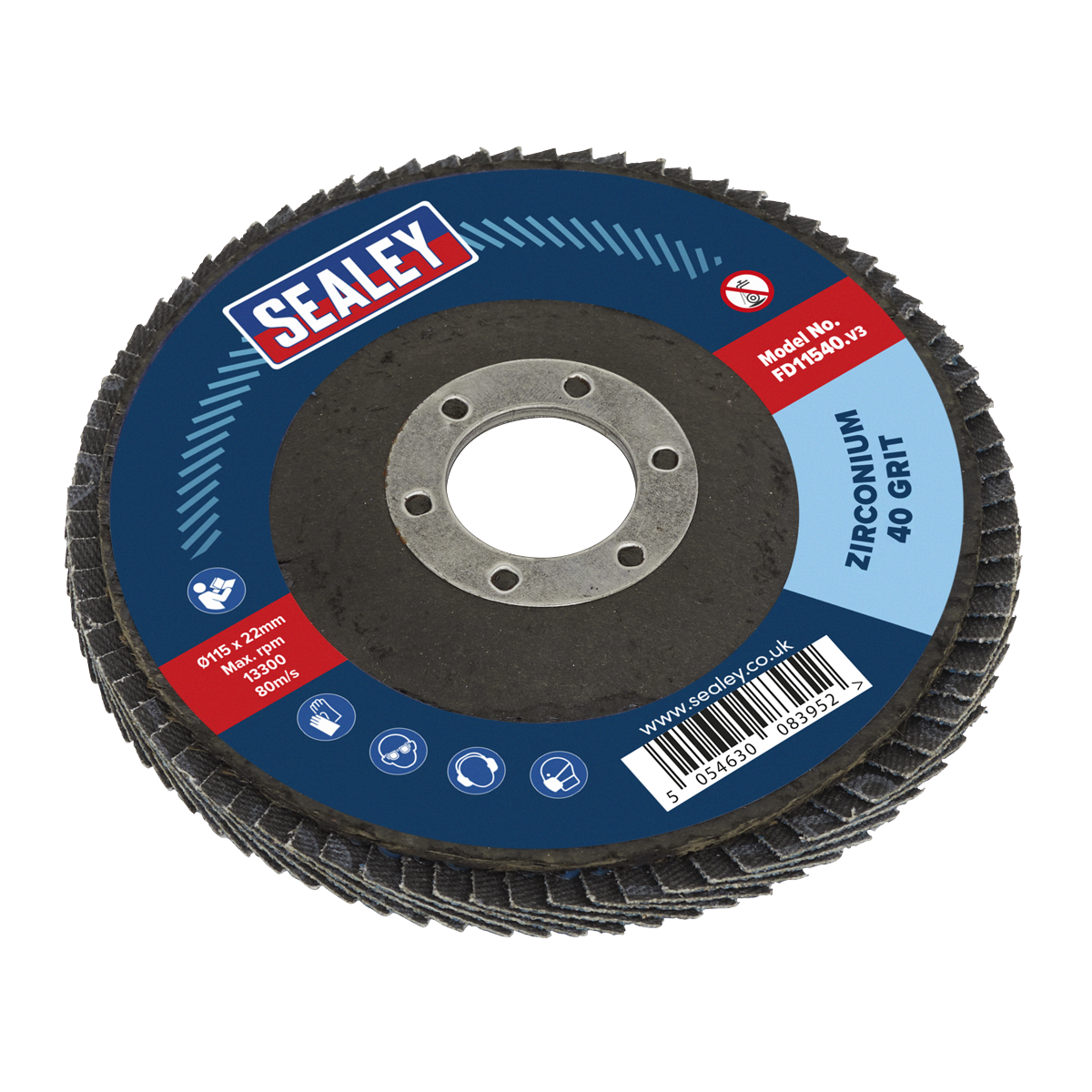 A Sealey Flap Disc Zirconium Ø115mm Ø22mm Bore 40Grit, ideal for surface preparation and descaling tasks, labeled as model number FD11540.