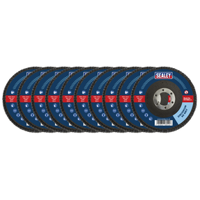 A pack of ten Sealey branded 60-grit zirconium flap discs, each with a diameter of Ø115mm and a Ø22mm bore.