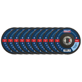 A pack of ten Sealey 80-grit zirconium flap discs (FD1158010) arranged in a staggered row, each disc featuring brand labeling and product details. Perfect for weld preparation, these versatile Ø115mm discs with Ø22mm bores ensure efficient cutting and smoothing.