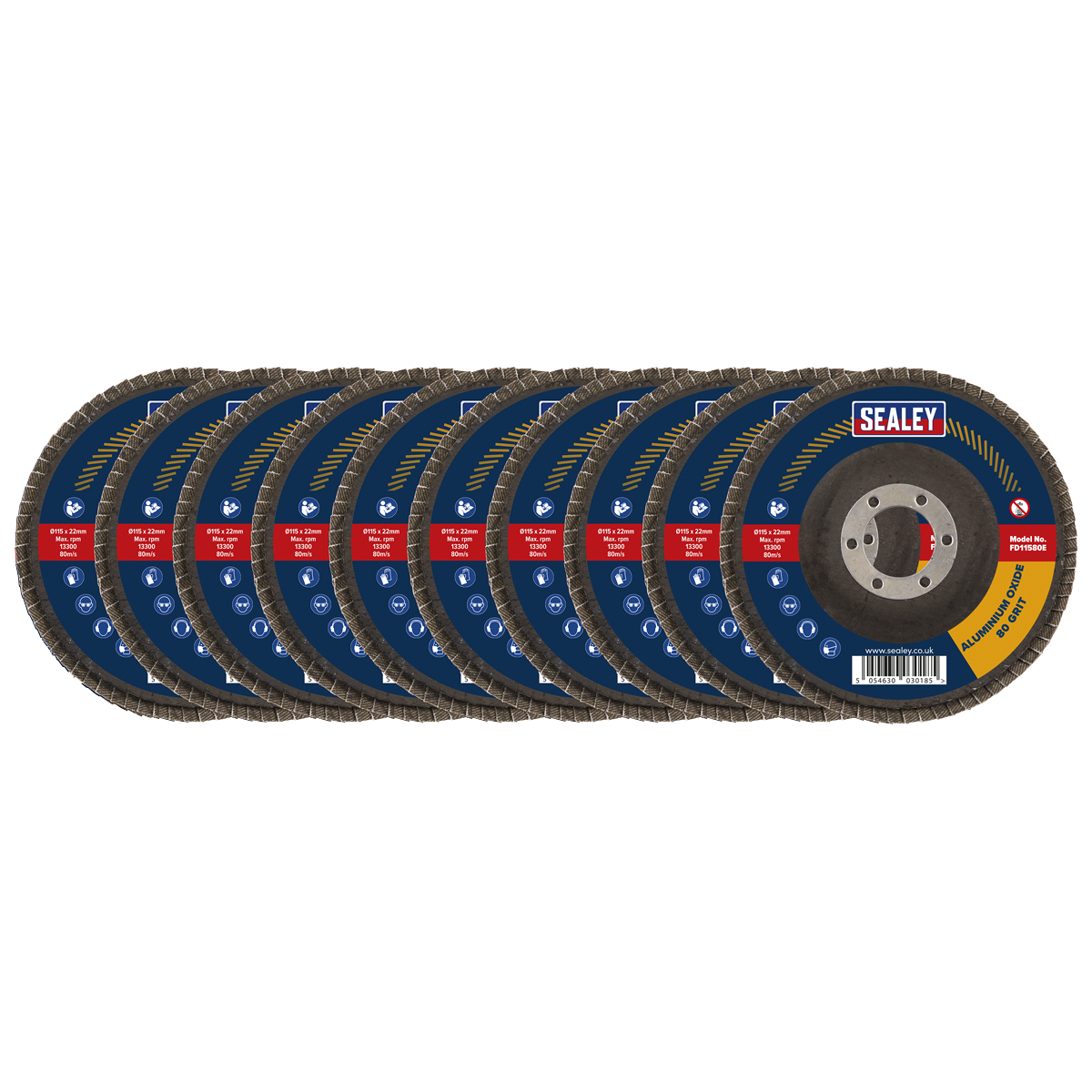 The Sealey 80 Grit Flap Discs Aluminium Oxide Ø115mm Ø22mm Bore (FD11580E10) come in a pack of 10 and are designed with blue, red, and yellow labels. These flap discs are ideal for surface preparation and descaling tasks.