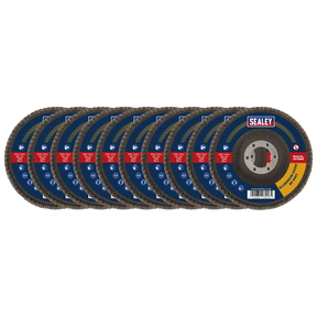 The Sealey 80 Grit Flap Discs Aluminium Oxide Ø115mm Ø22mm Bore (FD11580E10) come in a pack of 10 and are designed with blue, red, and yellow labels. These flap discs are ideal for surface preparation and descaling tasks.
