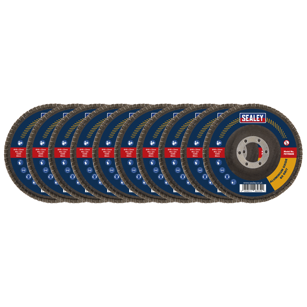 A Pack of 10 Sealey FD115EMIX Assorted Grit Flap Discs (Aluminium Oxide, Ø115mm, Ø22mm Bore), each featuring a blue and red label with the brand name, perfect for rust removal and surface preparation.