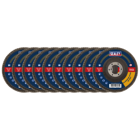 A Pack of 10 Sealey FD115EMIX Assorted Grit Flap Discs (Aluminium Oxide, Ø115mm, Ø22mm Bore), each featuring a blue and red label with the brand name, perfect for rust removal and surface preparation.