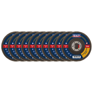 A Pack of 10 Sealey FD115EMIX Assorted Grit Flap Discs (Aluminium Oxide, Ø115mm, Ø22mm Bore), each featuring a blue and red label with the brand name, perfect for rust removal and surface preparation.