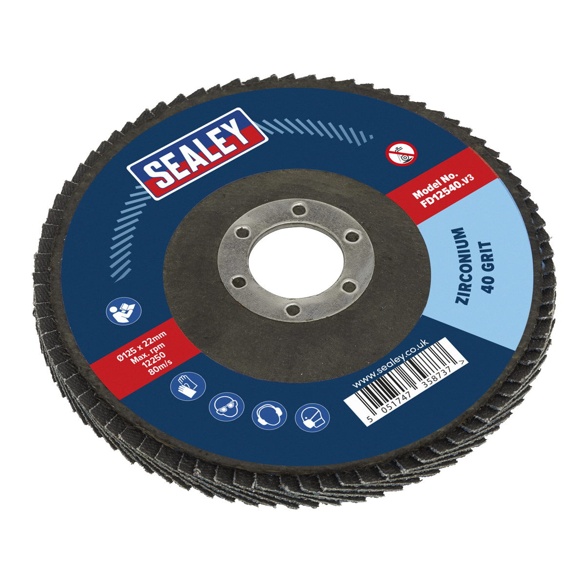 A Sealey Flap Disc Zirconium Ø125mm Ø22mm Bore 40Grit - FD12540, positioned against a white background. Ideal for weld preparation and rust removal.