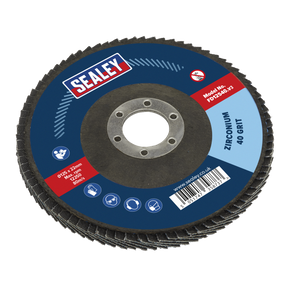 A Sealey Flap Disc Zirconium Ø125mm Ø22mm Bore 40Grit - FD12540, positioned against a white background. Ideal for weld preparation and rust removal.