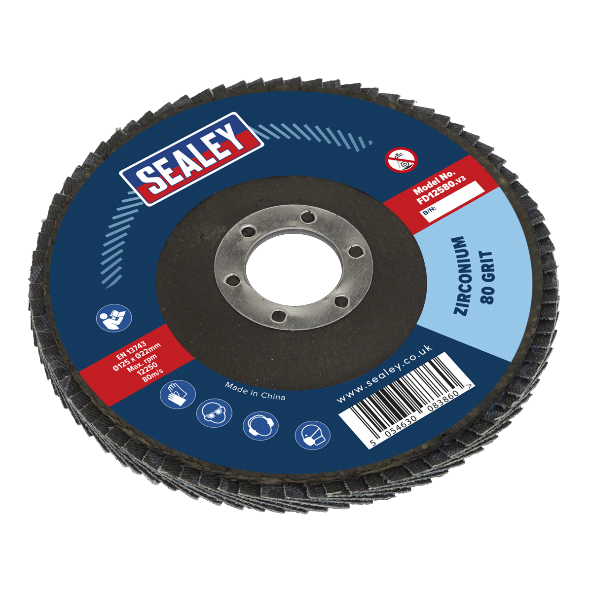 The Sealey Flap Disc Zirconium Ø125mm Ø22mm Bore 80Grit - FD12580 features a blue and black design, several icons and text detailing "Made in China," and a website link. This robust disc is ideal for surface preparation, ensuring efficient weld preparation.