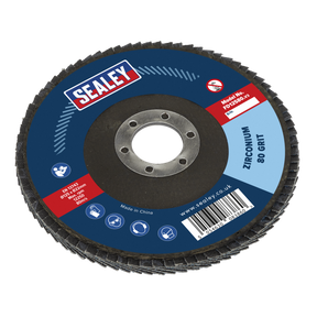 The Sealey Flap Disc Zirconium Ø125mm Ø22mm Bore 80Grit - FD12580 features a blue and black design, several icons and text detailing "Made in China," and a website link. This robust disc is ideal for surface preparation, ensuring efficient weld preparation.
