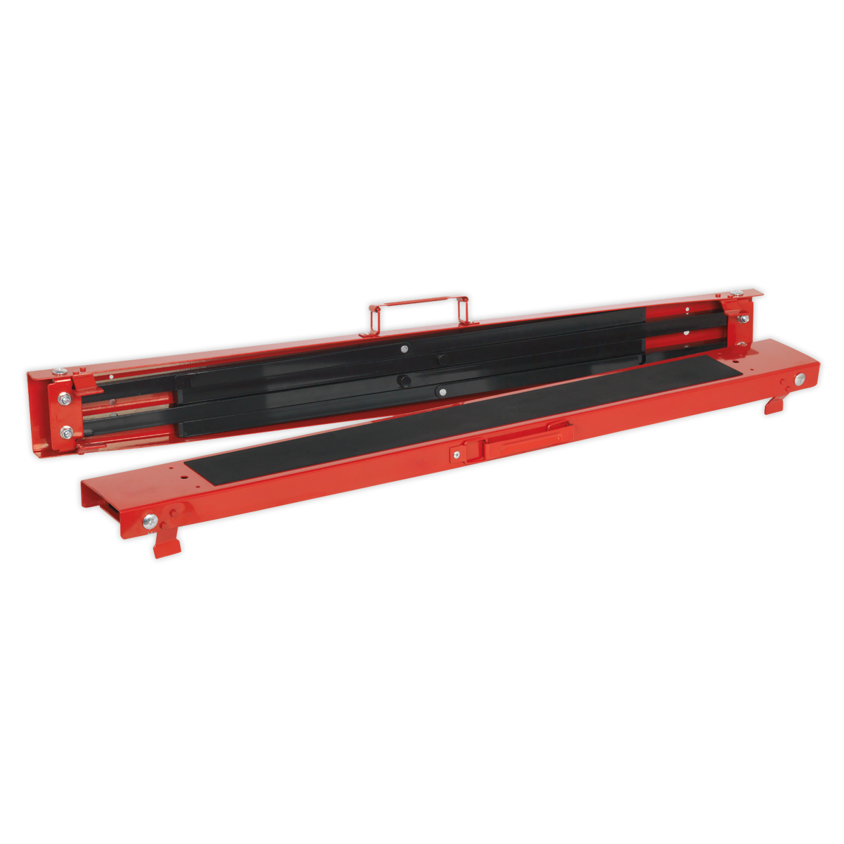 A Sealey Fold Down Trestles Pair (model FDT2), with a 100kg capacity per trestle, featuring a metal linear motion guide rail in red and black, designed with mounting holes, a sliding mechanism, an anti-slip mat, and a handle on top.