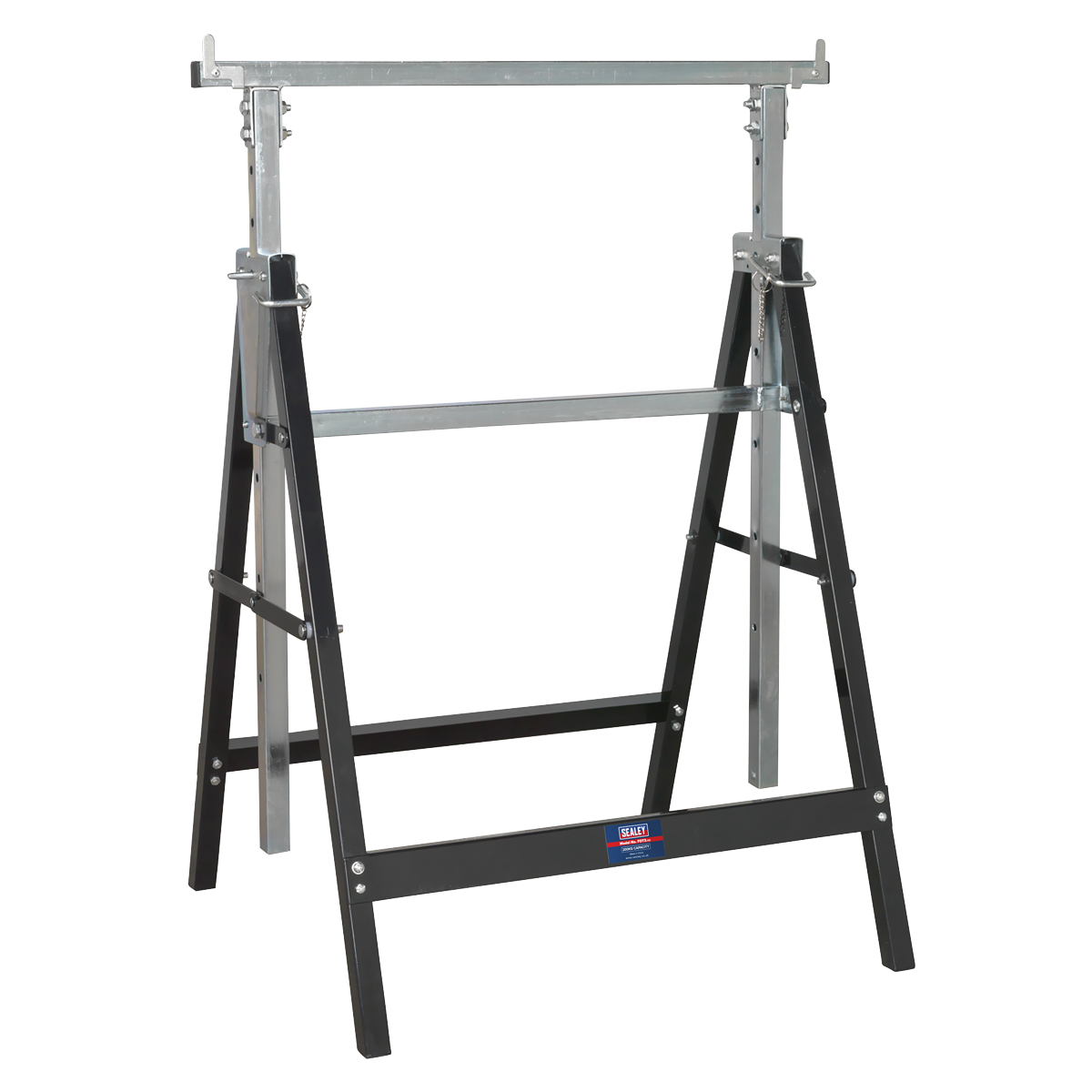 The Sealey Fold Down Telescopic Trestle 200kg Capacity - FDT3 features adjustable-height legs, a black lower frame, and a silver upper steel tube frame, with a small Sealey brand label on the lower crossbar.