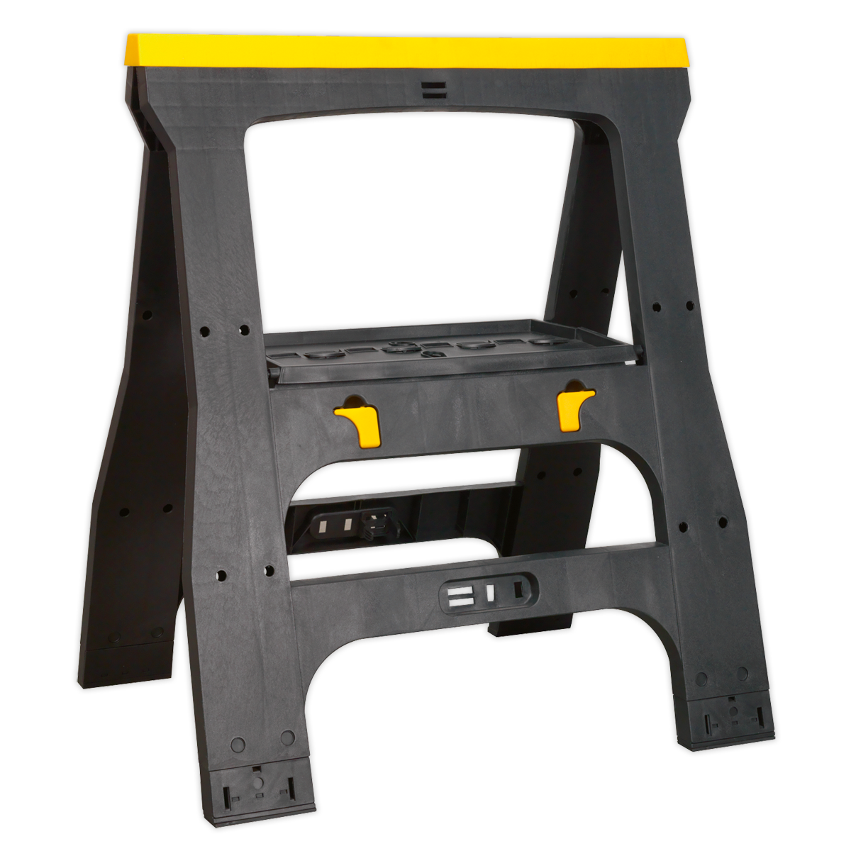 The Sealey Heavy-Duty Folding Composite Trestle - FDT4 is a black and yellow, heavy-duty composite stand featuring a sturdy frame with additional support bars. It includes several notches for holding materials and is conveniently collapsible for easy storage.