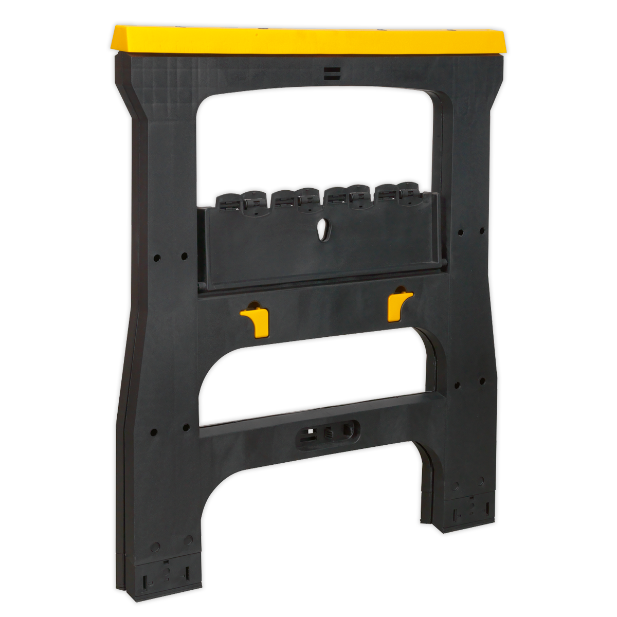 The Heavy-Duty Folding Composite Trestle - FDT4 from Sealey is a black and yellow workbench constructed from robust composite materials. It includes slots for holding tools and boasts an open-space design to support large workpieces. Furthermore, its collapsible design ensures easy storage, making it a versatile addition to any workspace.