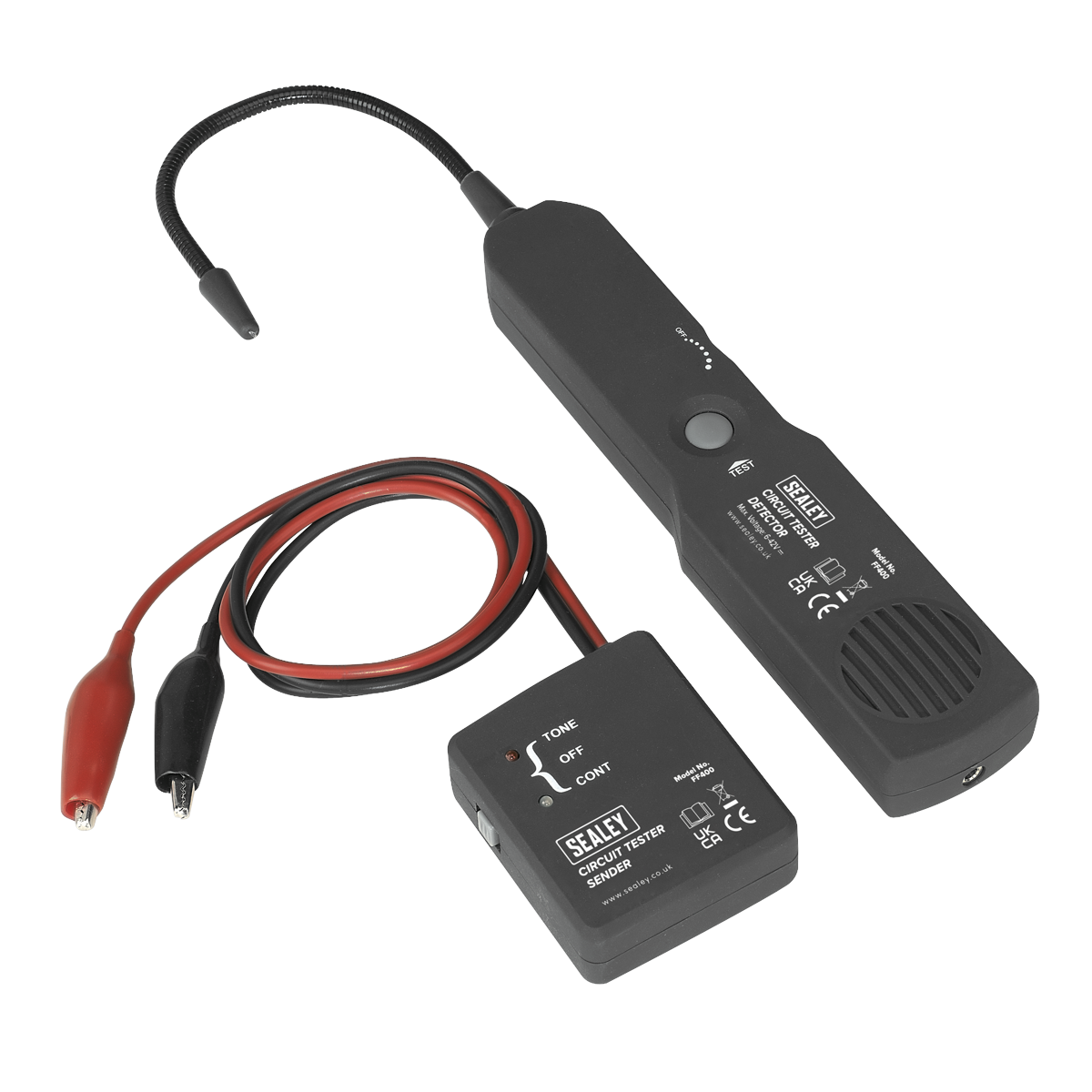 Introducing the Open & Short DC Circuit Detector 6-42V - FF400 by Sealey; a black circuit tester with red and black clip wires. Perfect for DC circuits and automotive repairs, it features a diagnostic handheld device with an LED indicator and adjustable probe.