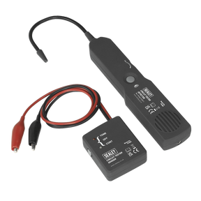 Introducing the Open & Short DC Circuit Detector 6-42V - FF400 by Sealey; a black circuit tester with red and black clip wires. Perfect for DC circuits and automotive repairs, it features a diagnostic handheld device with an LED indicator and adjustable probe.