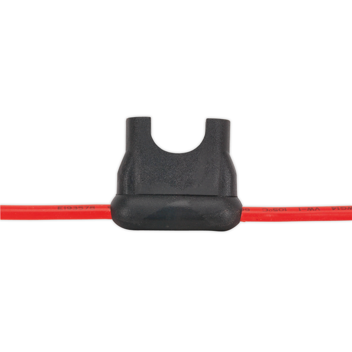 The Sealey Standard Blade Fuse Holder 20A (Pack of 10) - FH20 features a black inline design with a red wire connected to each end, suitable for use with standard blade fuses up to 20A.