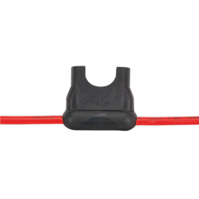 The Sealey Standard Blade Fuse Holder 20A (Pack of 10) - FH20 features a black inline design with a red wire connected to each end, suitable for use with standard blade fuses up to 20A.