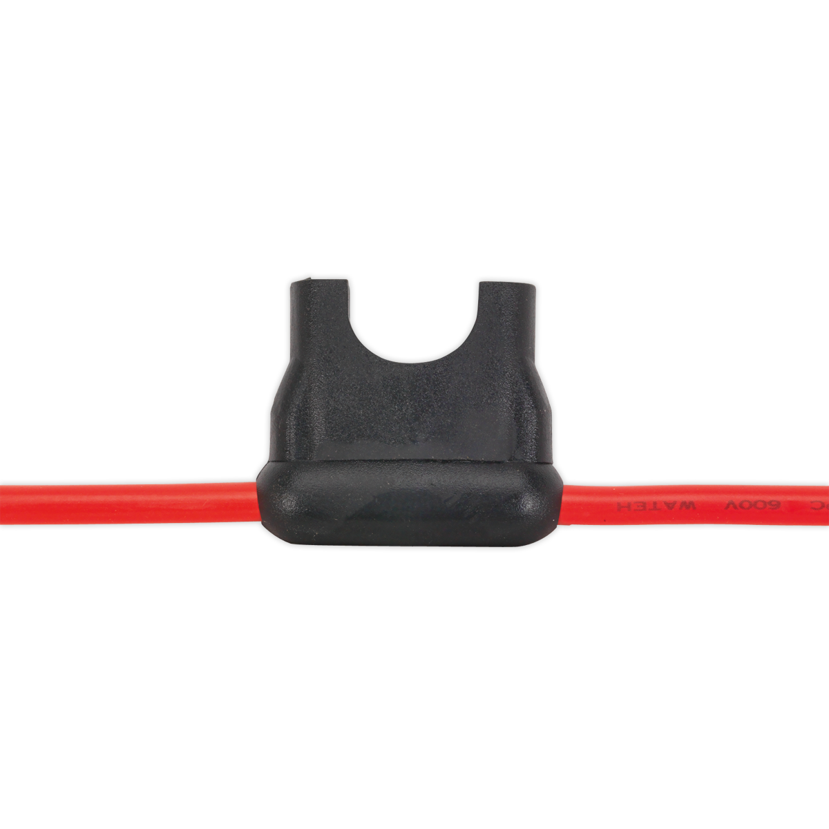 Close-up of the Sealey Standard Blade Fuse Holder 30A (model FH30), featuring a black body and red wire leads on both sides, designed for a 30A standard blade fuse.