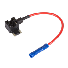 The Sealey Accessory Circuit Micro Fuse Holder Link 15A, Pack of 2 (model FHLMIC15) is perfect for accessory circuit installations. It features a mini blade fuse tap adapter connected to a red wire with a blue insulated terminal end and supports up to a maximum current of 15A.