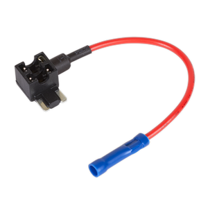 The Sealey Accessory Circuit Micro Fuse Holder Link 15A, Pack of 2 (model FHLMIC15) is perfect for accessory circuit installations. It features a mini blade fuse tap adapter connected to a red wire with a blue insulated terminal end and supports up to a maximum current of 15A.