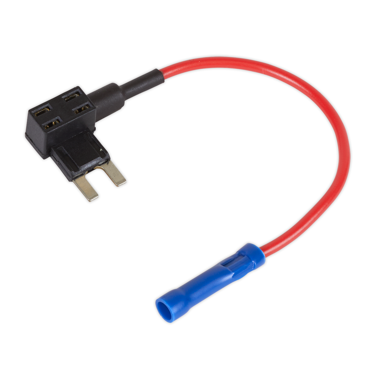 A close-up of the Sealey Accessory Circuit Mini Fuse Holder Link 15A (Pack of 2 - FHLMIN15) featuring a black plastic head, two metal prongs, a red 16 gauge wire, and a blue insulated terminal connector.