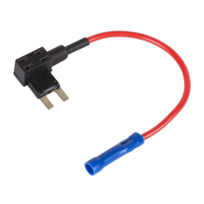 A close-up of the Sealey Accessory Circuit Mini Fuse Holder Link 15A (Pack of 2 - FHLMIN15) featuring a black plastic head, two metal prongs, a red 16 gauge wire, and a blue insulated terminal connector.