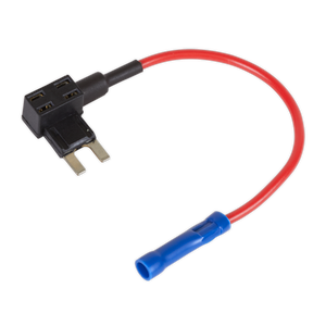 A close-up of the Sealey Accessory Circuit Mini Fuse Holder Link 15A (Pack of 2 - FHLMIN15) featuring a black plastic head, two metal prongs, a red 16 gauge wire, and a blue insulated terminal connector.