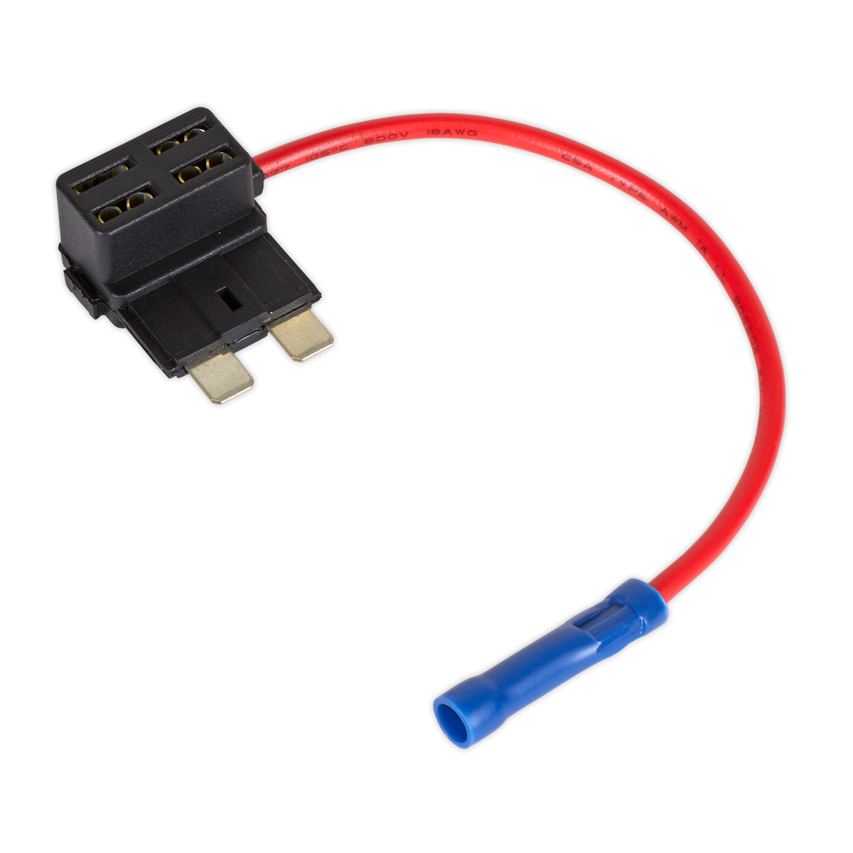 Introducing the Sealey Accessory Circuit Fuse Holder Link 15A Pack of 2, model FHLSTA15, featuring a red 16 gauge wire, a blue insulated connector, and a reliable fuse holder for your accessory circuit.