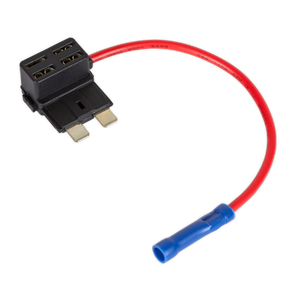 Introducing the Sealey Accessory Circuit Fuse Holder Link 15A Pack of 2, model FHLSTA15, featuring a red 16 gauge wire, a blue insulated connector, and a reliable fuse holder for your accessory circuit.