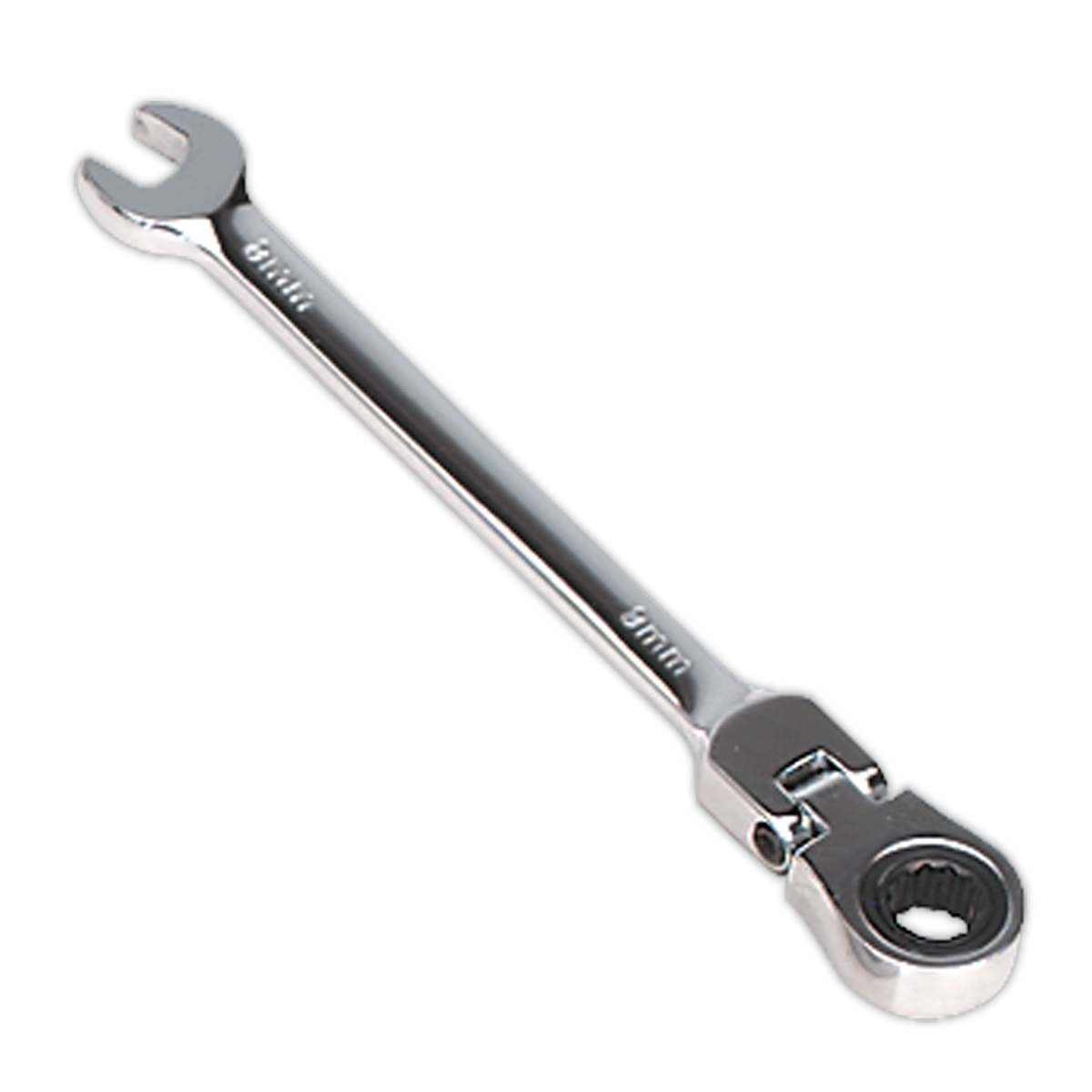 Introducing the Sealey Flexi-Head Ratchet Combination Spanner 8mm - FHRCW08, a Premier Hand Tools product featuring an open-end on one side and a ratchet ring end on the other, crafted from durable Chrome Vanadium steel.