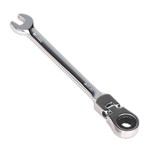 Introducing the Sealey Flexi-Head Ratchet Combination Spanner 8mm - FHRCW08, a Premier Hand Tools product featuring an open-end on one side and a ratchet ring end on the other, crafted from durable Chrome Vanadium steel.