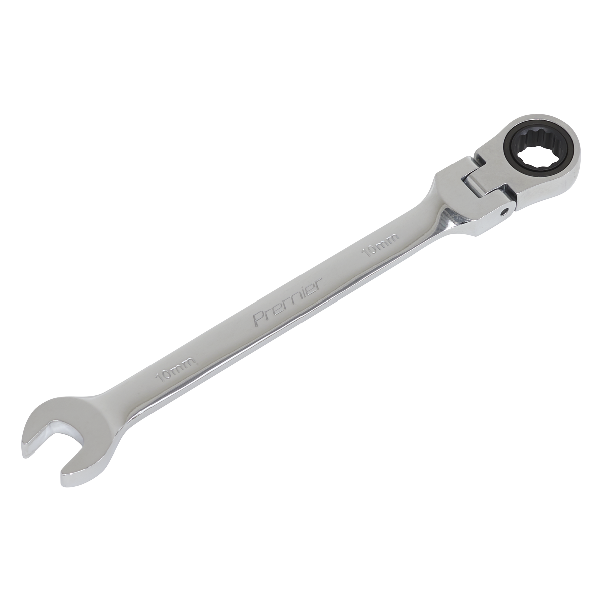 The Sealey Flexi-Head Ratchet Combination Spanner 10mm - FHRCW10 is a Chrome Vanadium steel tool featuring an open-end on one side and a 72-tooth ratchet ring on the other, with "Premier" embossed on it.