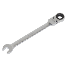 The Sealey Flexi-Head Ratchet Combination Spanner 10mm - FHRCW10 is a Chrome Vanadium steel tool featuring an open-end on one side and a 72-tooth ratchet ring on the other, with "Premier" embossed on it.