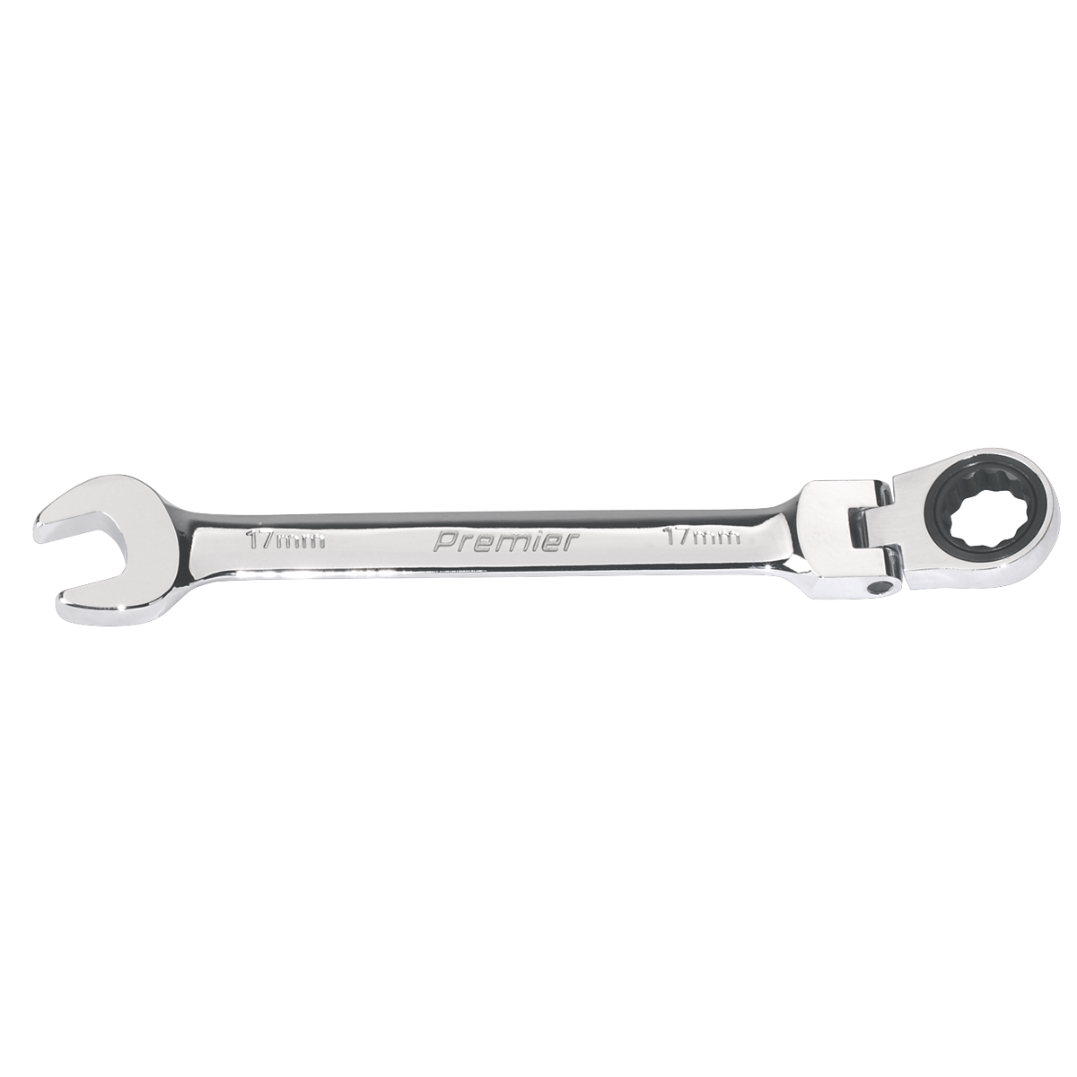 The Sealey Flexi-Head Ratchet Combination Spanner 17mm - FHRCW17, crafted from durable Chrome Vanadium steel, features an open-end on one side and a ratchet ring box-end on the other.