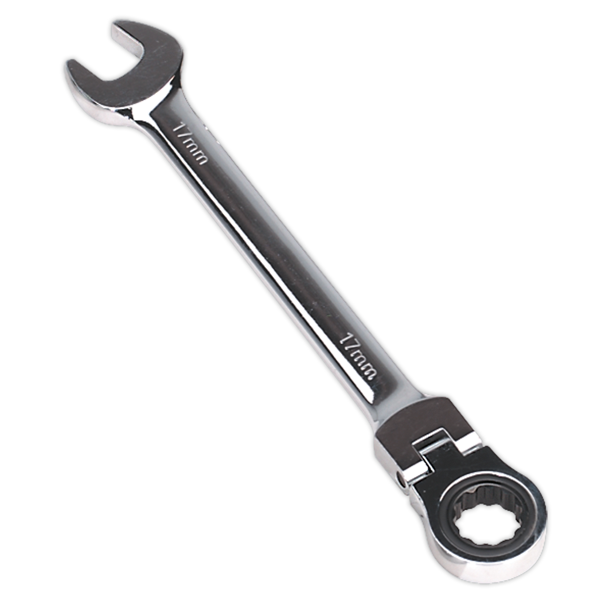 The Flexi-Head Ratchet Combination Spanner 17mm - FHRCW17 by Sealey features an open-end and a ratcheting box-end, constructed with durable Chrome Vanadium steel.